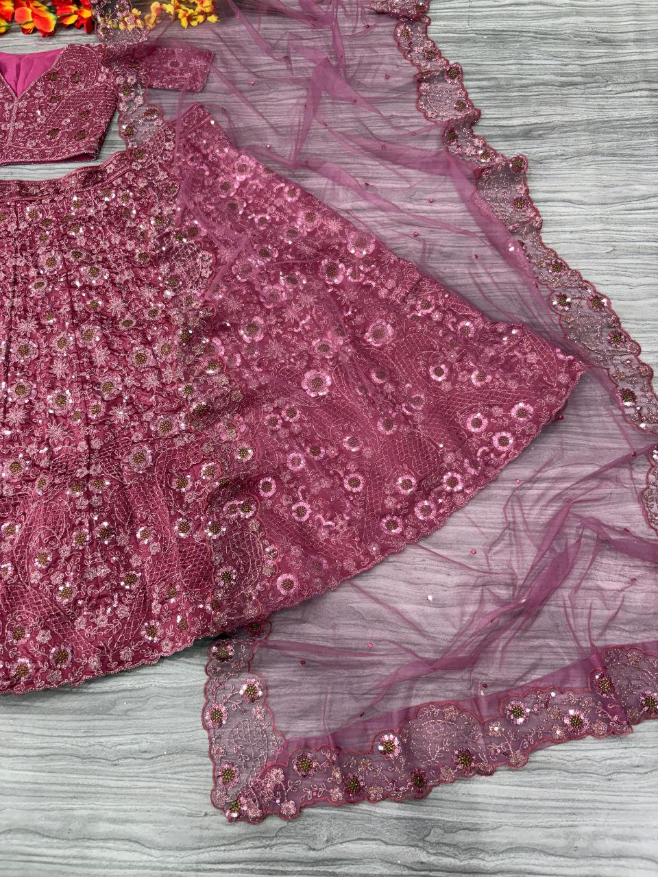 Fabulous Chinon Silk Embroidery Pink Color Lehenga Choli