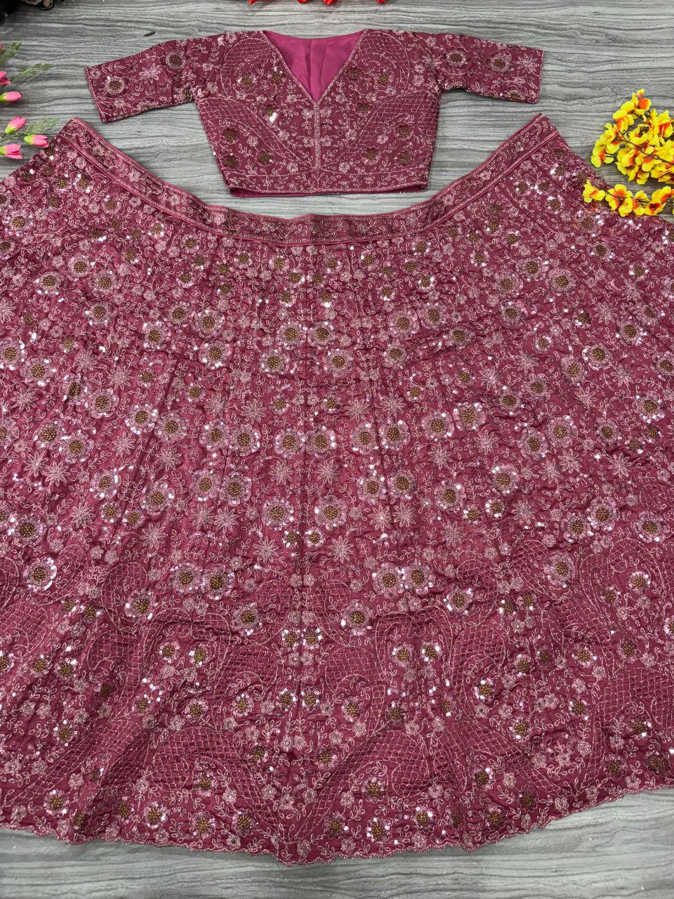 Fabulous Chinon Silk Embroidery Pink Color Lehenga Choli