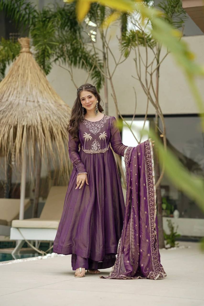 Lovely Embroidery Sequence Work Lavender Color Gown