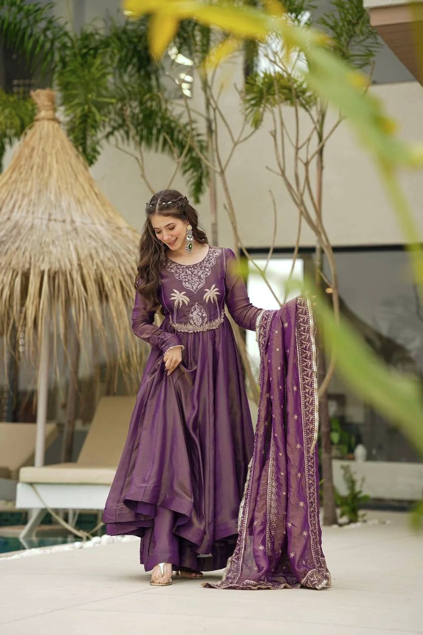 Lovely Embroidery Sequence Work Lavender Color Gown