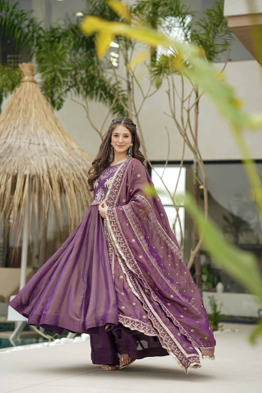 Lovely Embroidery Sequence Work Lavender Color Gown