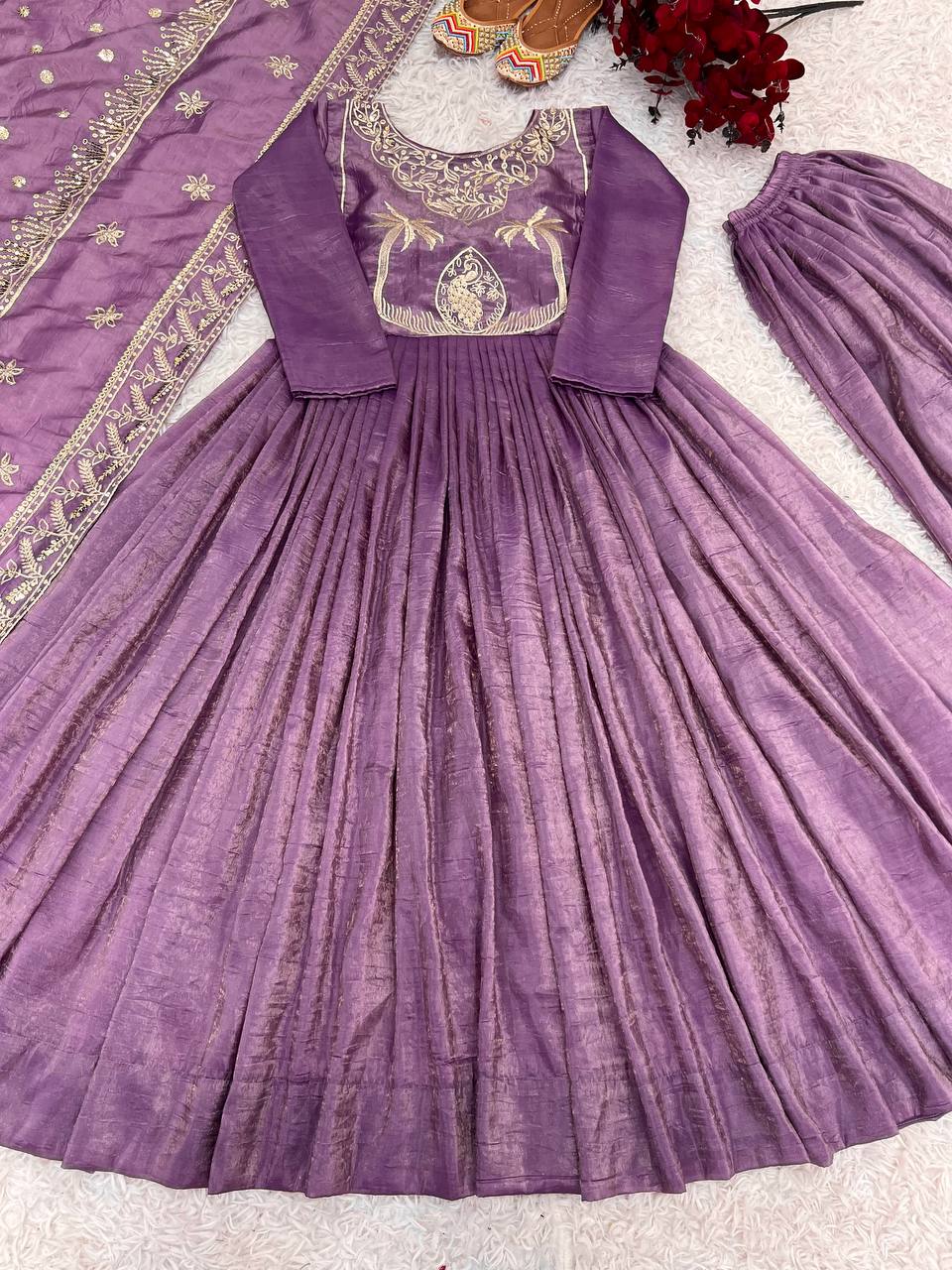 Lovely Embroidery Sequence Work Lavender Color Gown