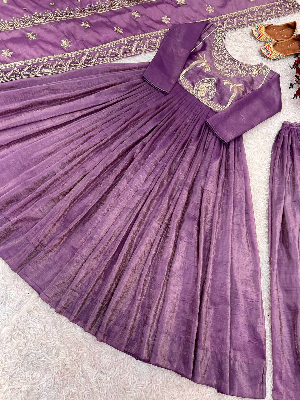 Lovely Embroidery Sequence Work Lavender Color Gown