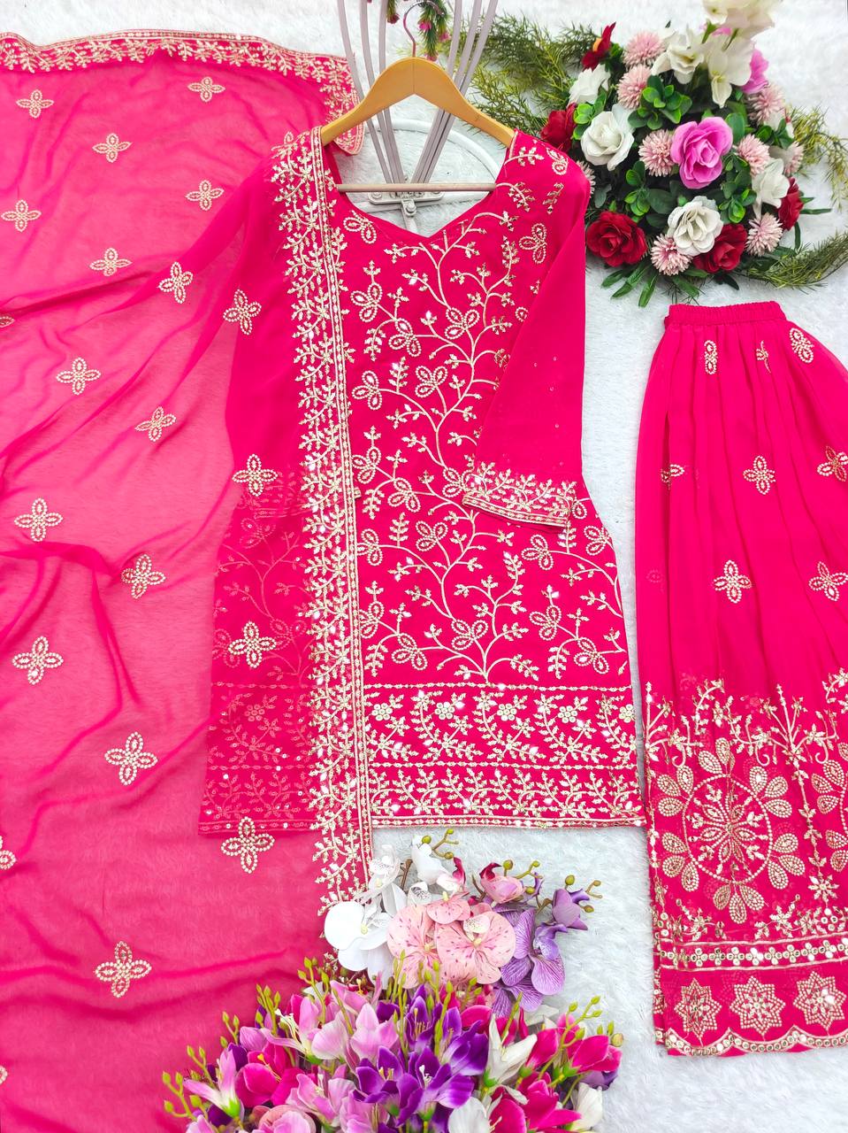 Graceful 5mm Sequence Pink Color Palazzo Suit