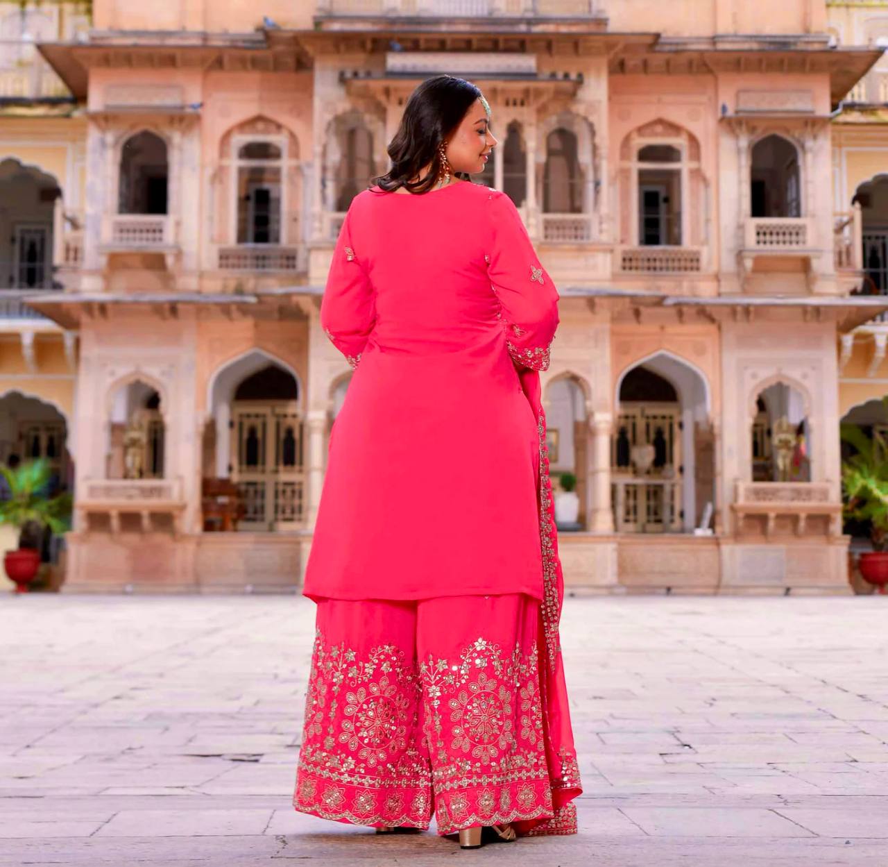 Graceful 5mm Sequence Pink Color Palazzo Suit