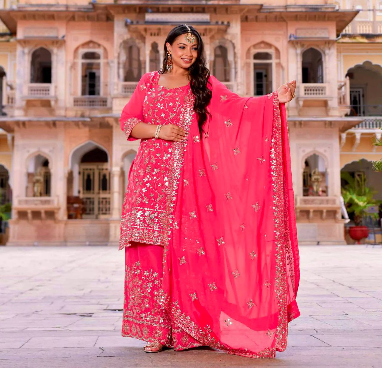 Graceful 5mm Sequence Pink Color Palazzo Suit