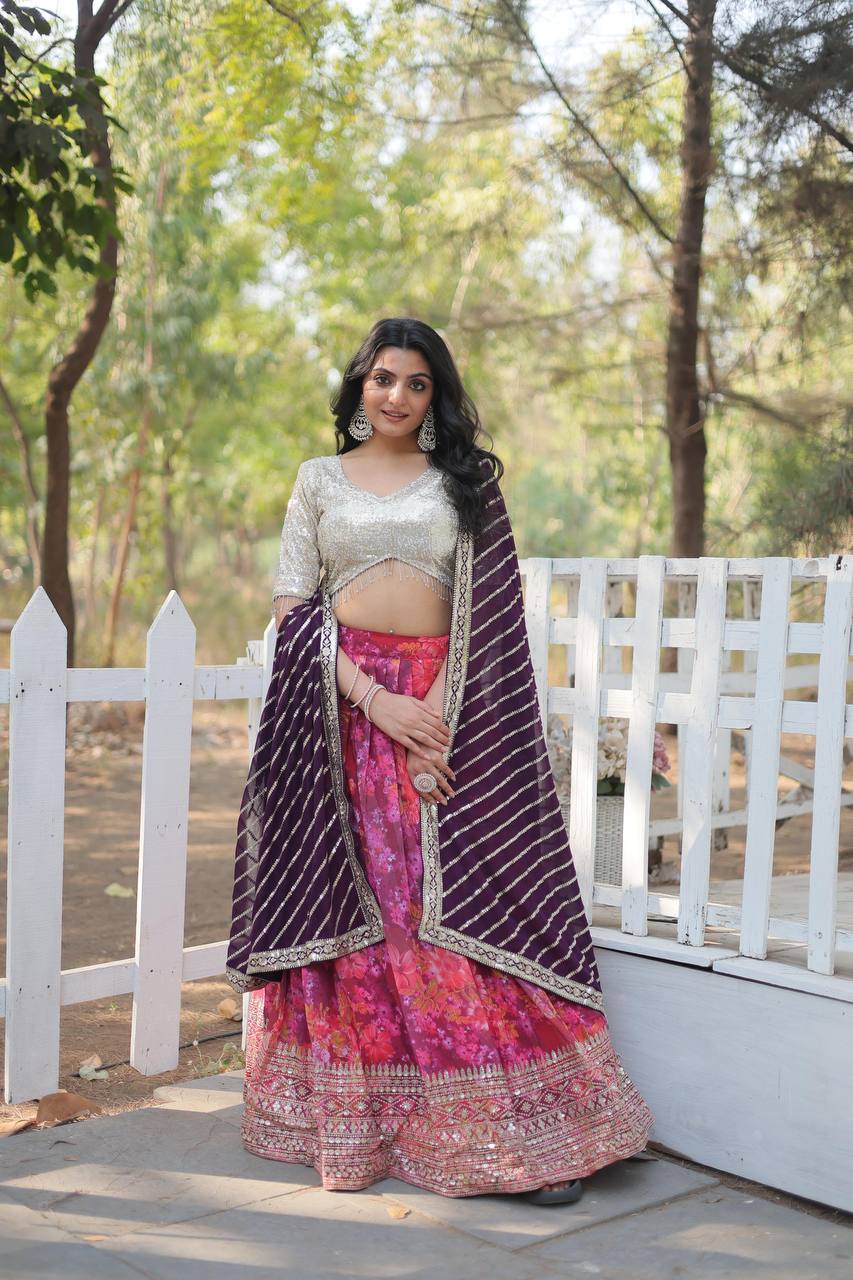 Adorable Digital Printed Georgette Pink Color Lehenga Choli