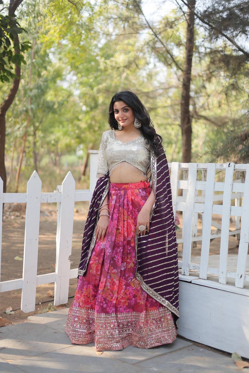 Adorable Digital Printed Georgette Pink Color Lehenga Choli