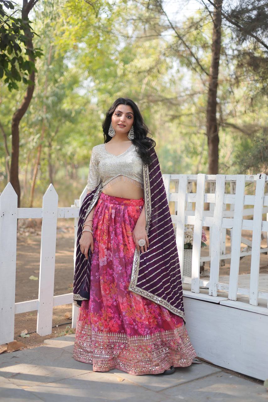 Adorable Digital Printed Georgette Pink Color Lehenga Choli