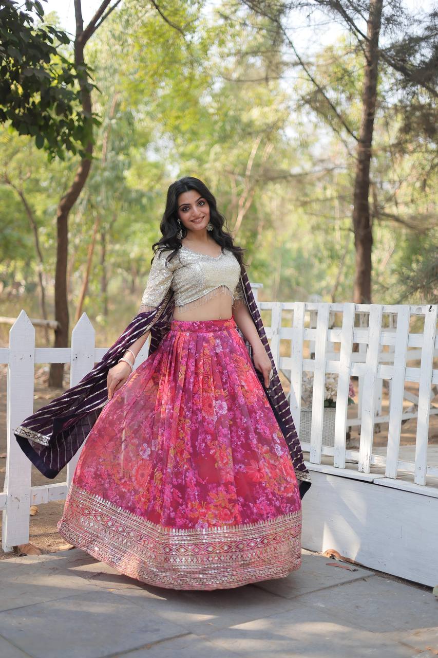 Adorable Digital Printed Georgette Pink Color Lehenga Choli