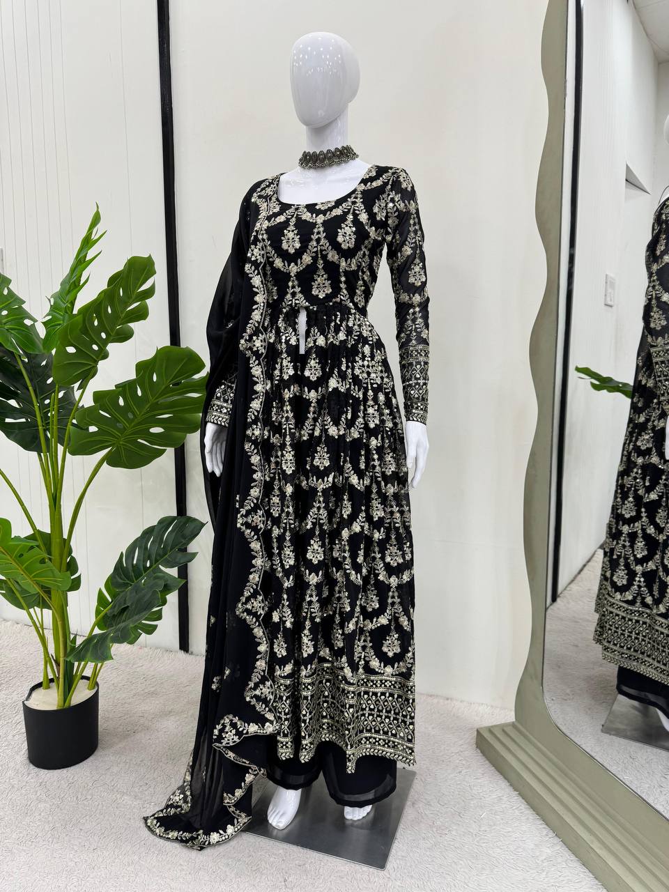 Luxuriant Thread Work Black Color Top With Pent