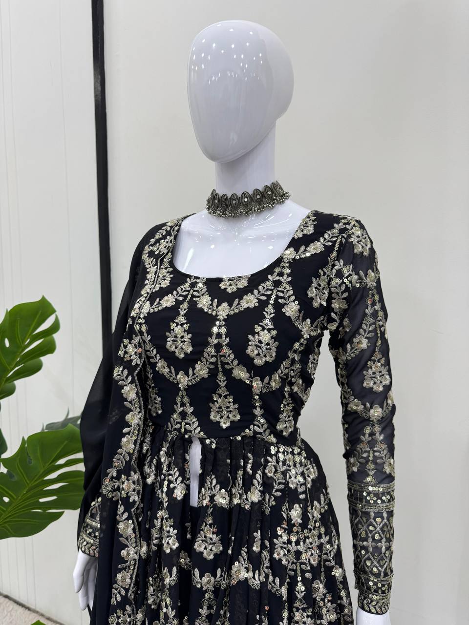 Luxuriant Thread Work Black Color Top With Pent