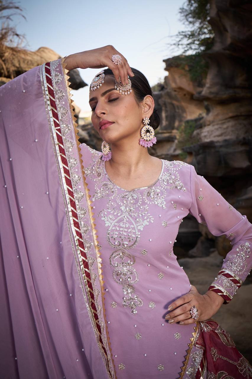 Wedding & Party Wear Heavy Sequence Work Lavender Color Sharara Suit