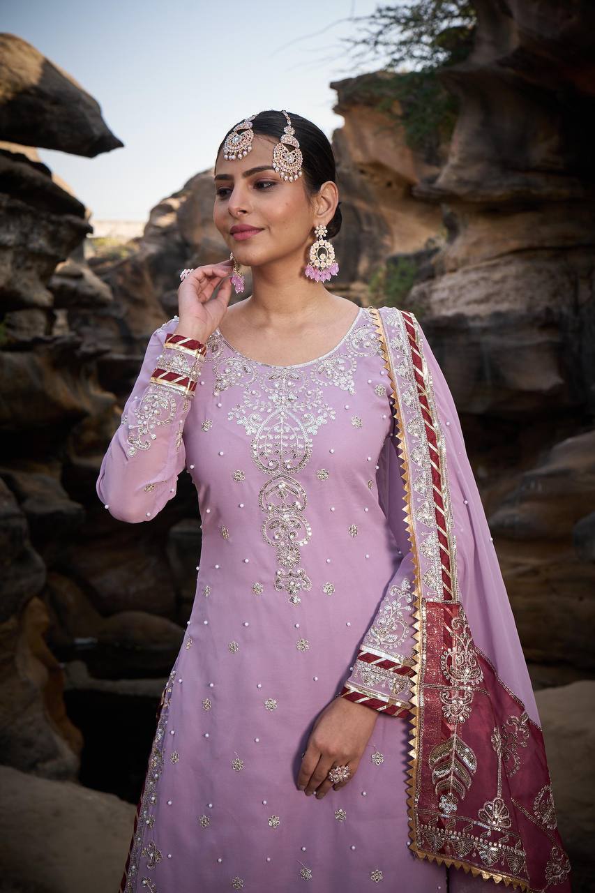 Wedding & Party Wear Heavy Sequence Work Lavender Color Sharara Suit