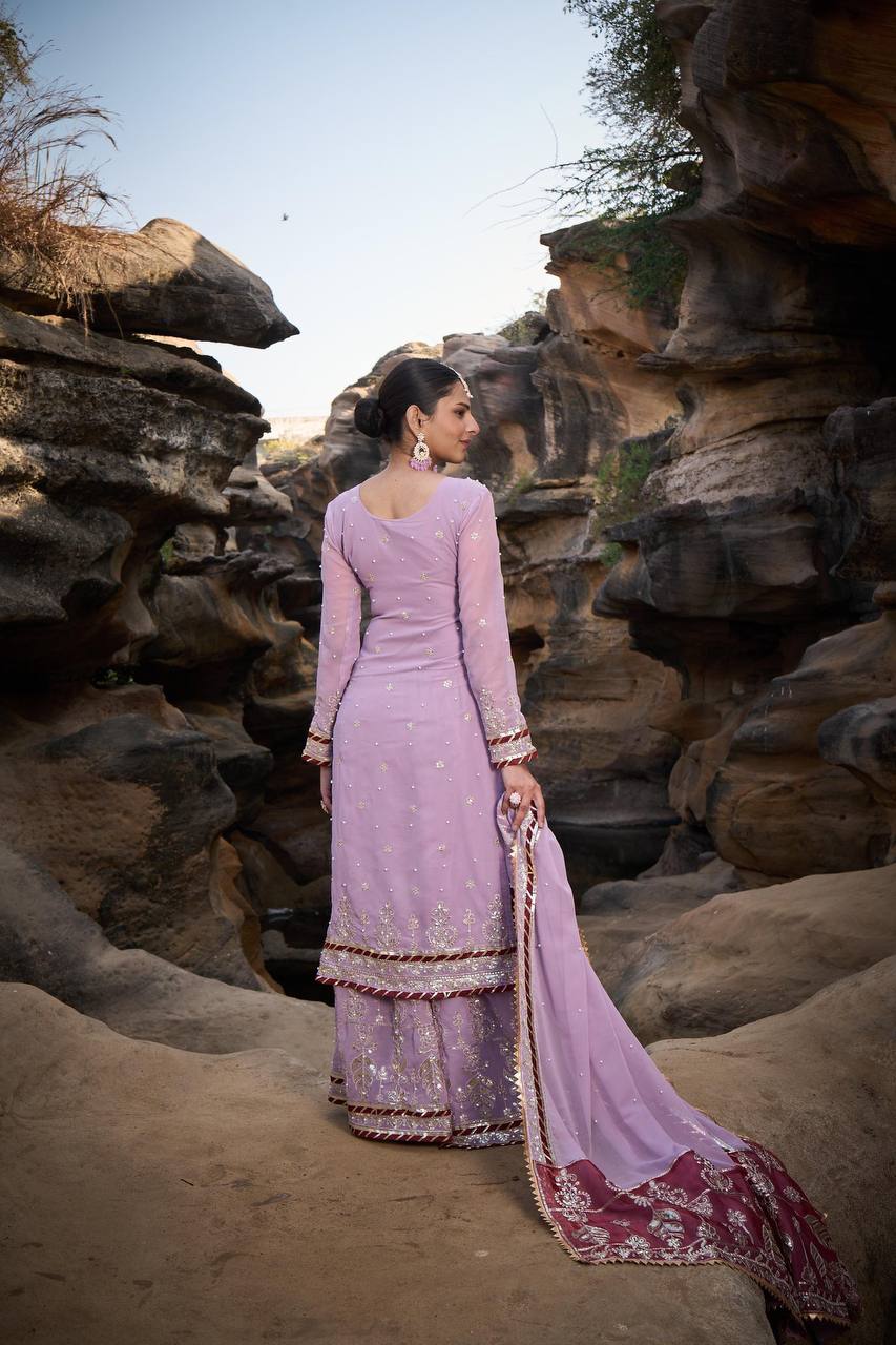 Wedding & Party Wear Heavy Sequence Work Lavender Color Sharara Suit