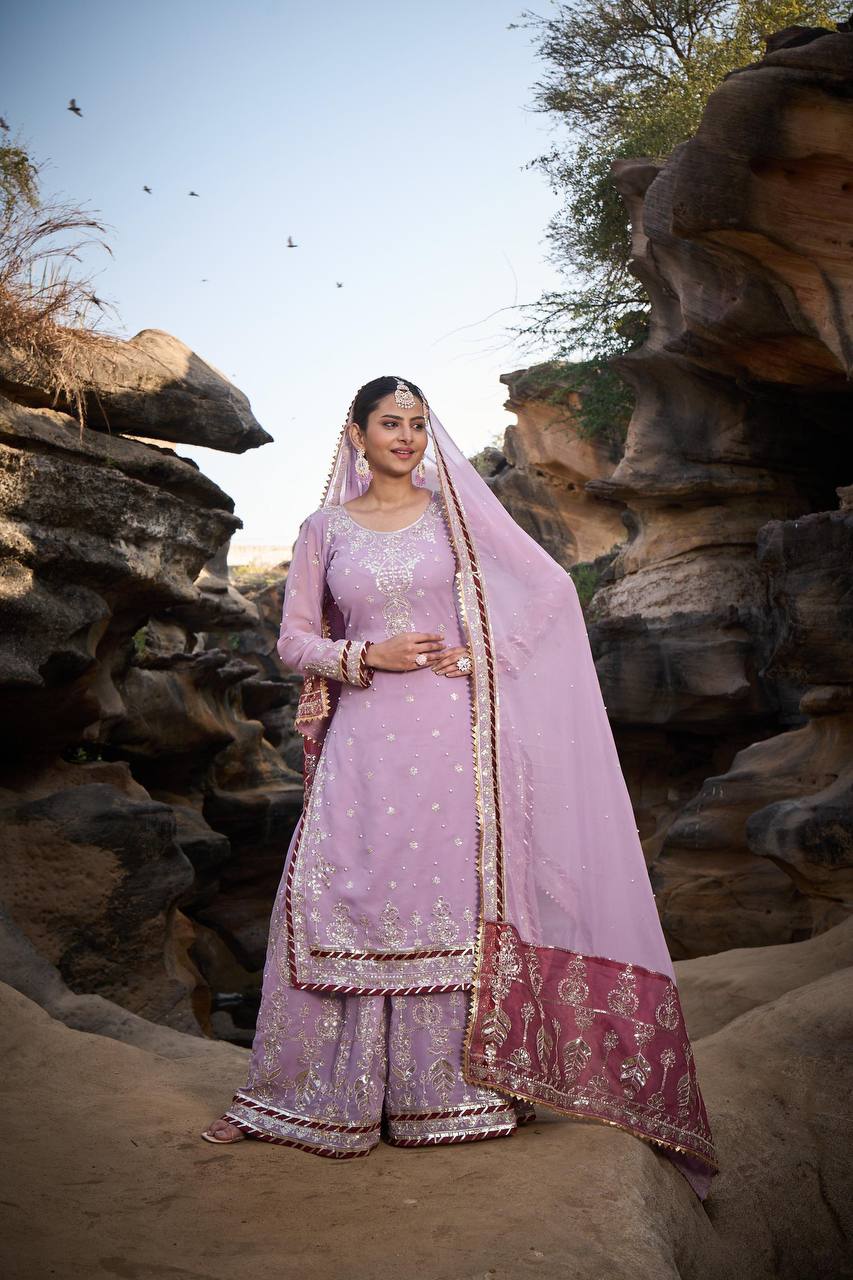 Wedding & Party Wear Heavy Sequence Work Lavender Color Sharara Suit