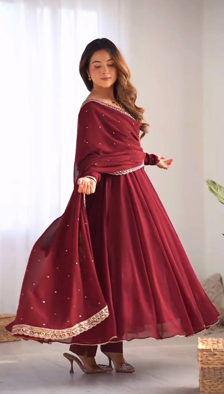 Function Wear Georgette Red Color Gown With Dupatta