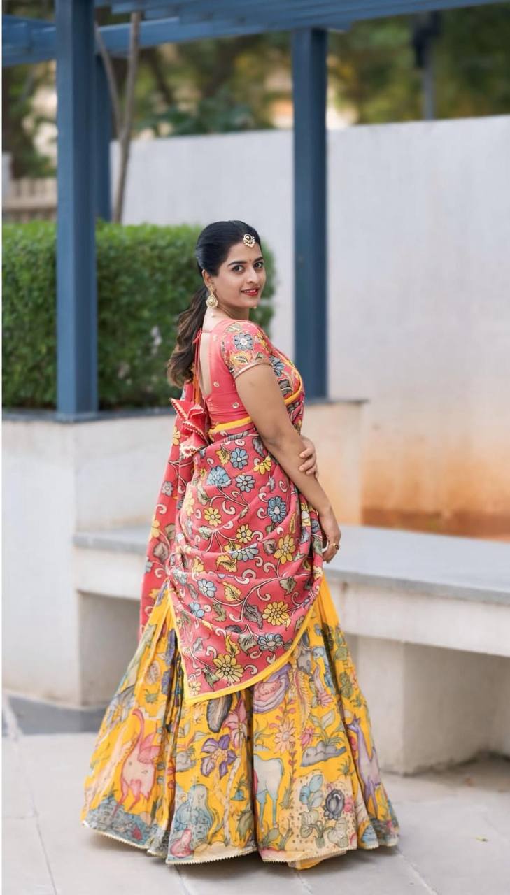 Fashionable Kalamkari Print Yellow Color Lehenga Choli