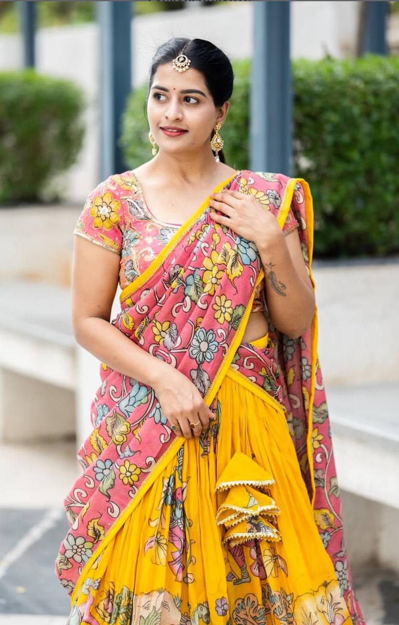 Fashionable Kalamkari Print Yellow Color Lehenga Choli