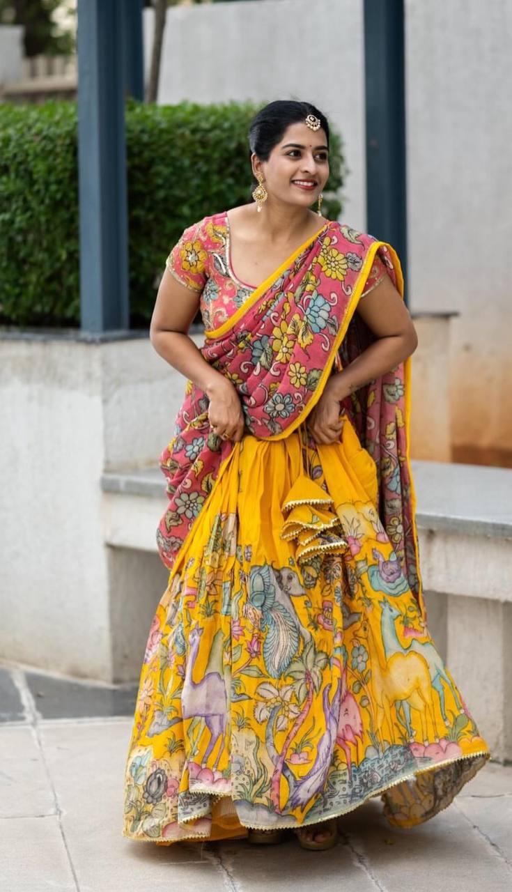 Fashionable Kalamkari Print Yellow Color Lehenga Choli