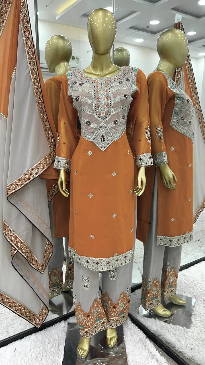 Imposing Georgette Sequence Work Orange Color Salwar Suit