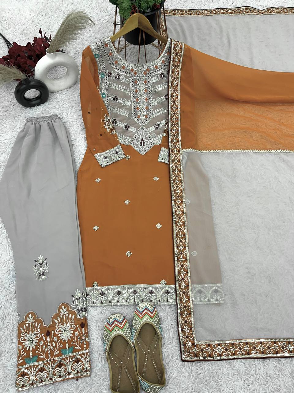 Imposing Georgette Sequence Work Orange Color Salwar Suit