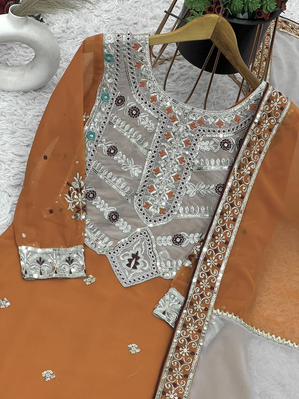 Imposing Georgette Sequence Work Orange Color Salwar Suit