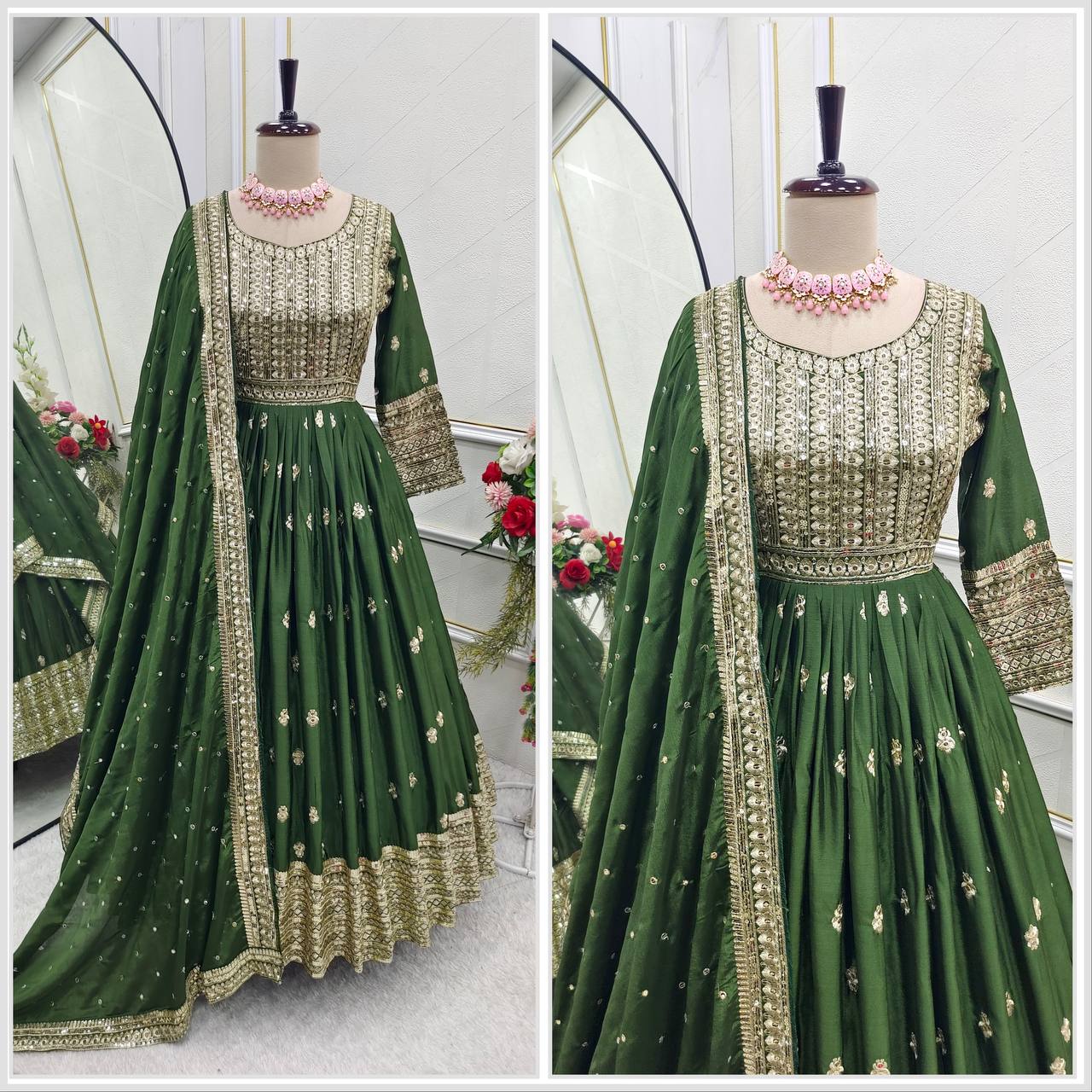 Outstanding Mehndi Color Gown With Dupatta