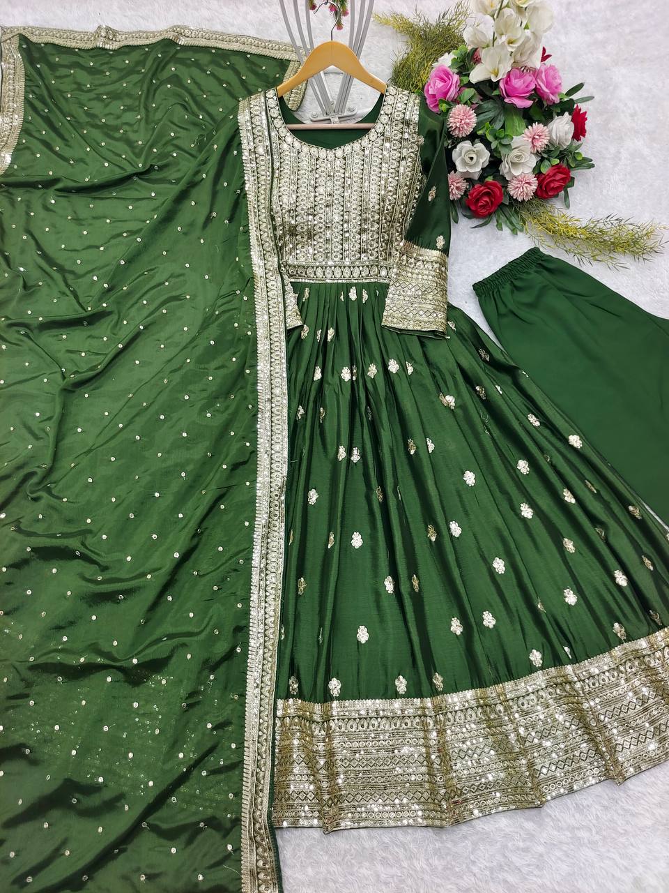 Outstanding Mehndi Color Gown With Dupatta