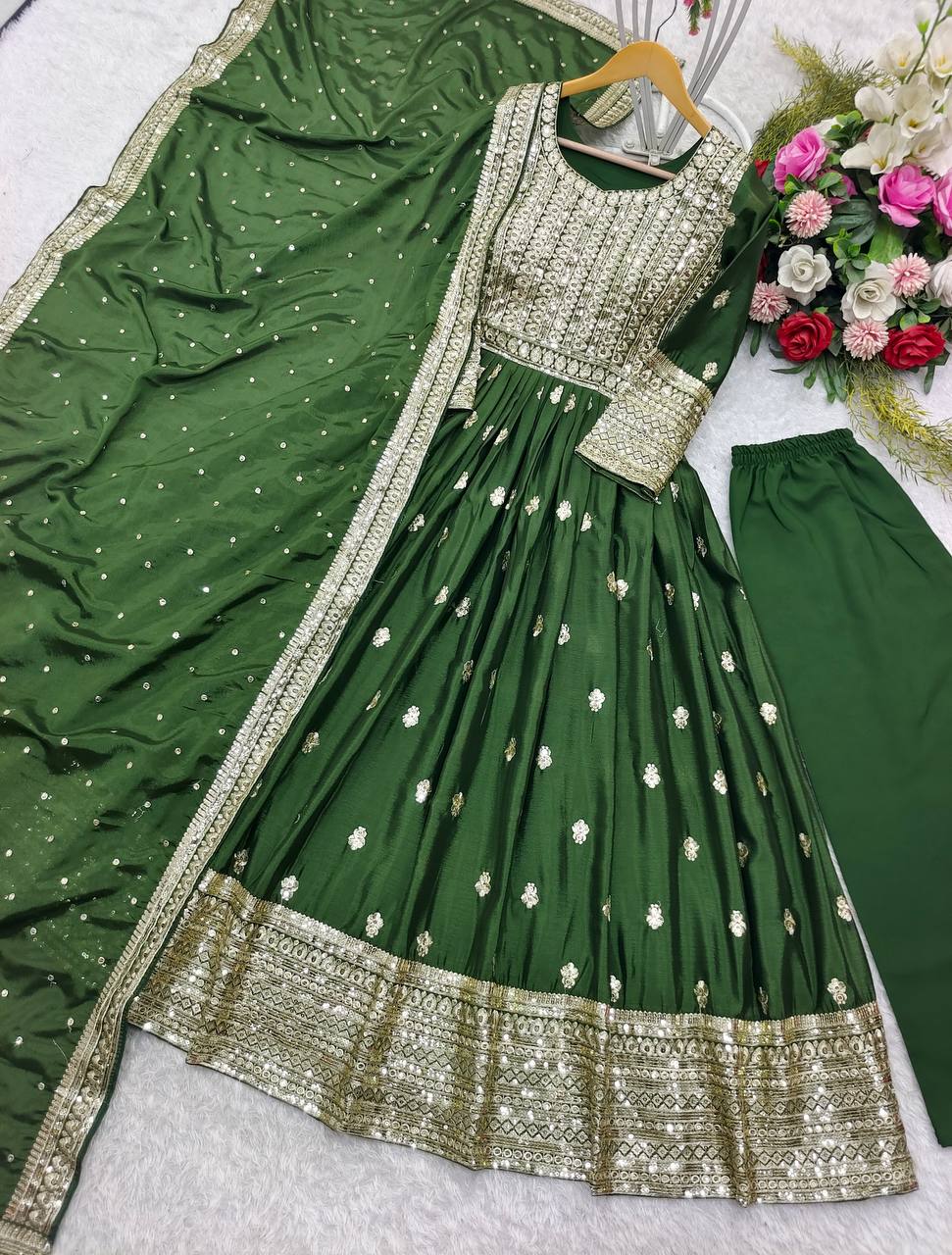 Outstanding Mehndi Color Gown With Dupatta