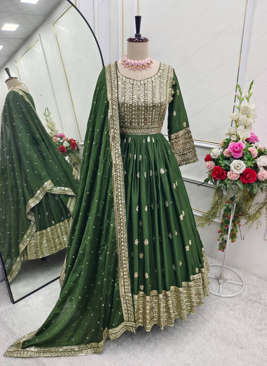 Outstanding Mehndi Color Gown With Dupatta