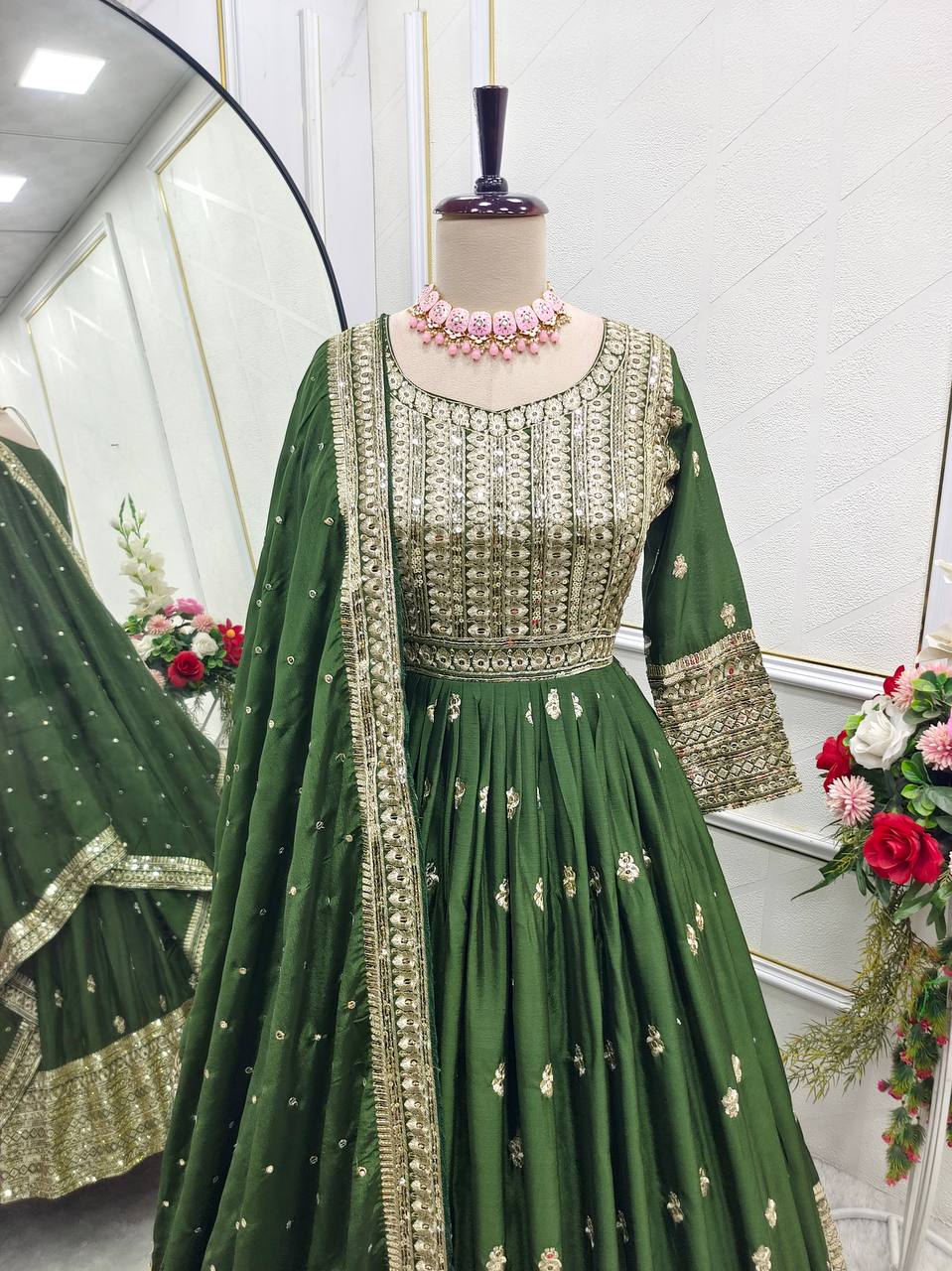 Outstanding Mehndi Color Gown With Dupatta