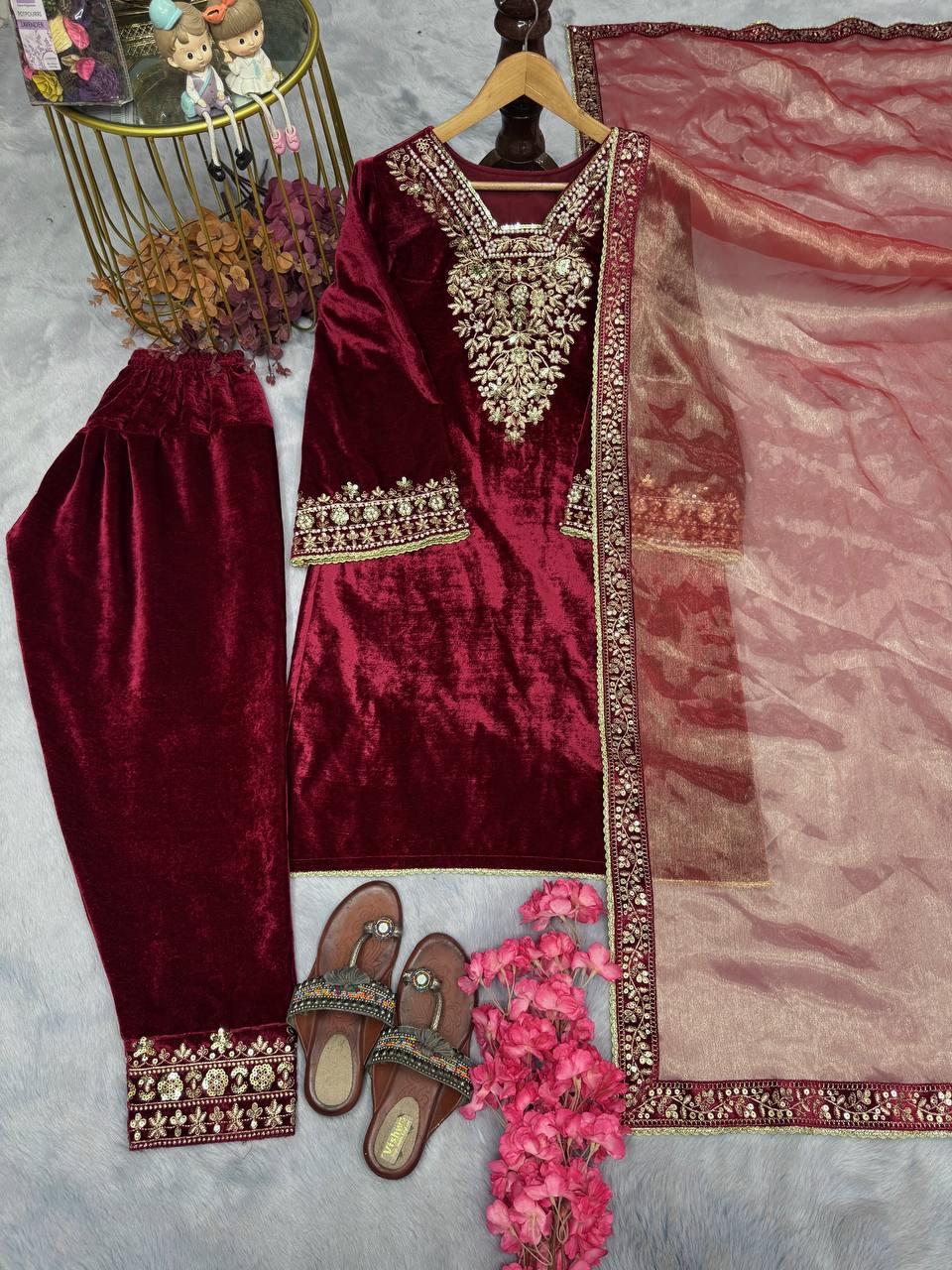 Stunning Velvet Embroidery With Moti Work Maroon Color Suit