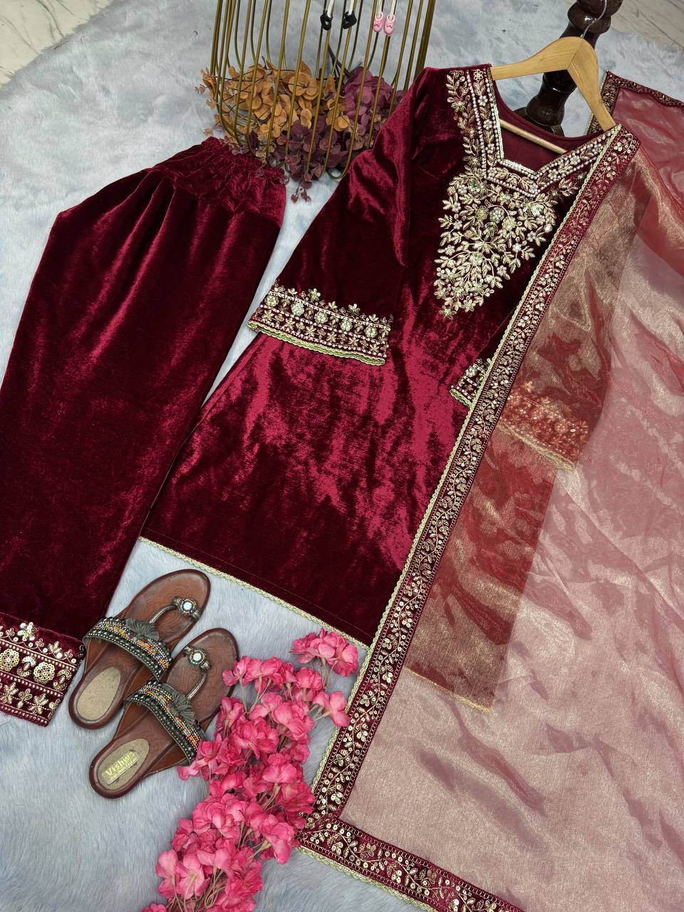 Stunning Velvet Embroidery With Moti Work Maroon Color Suit