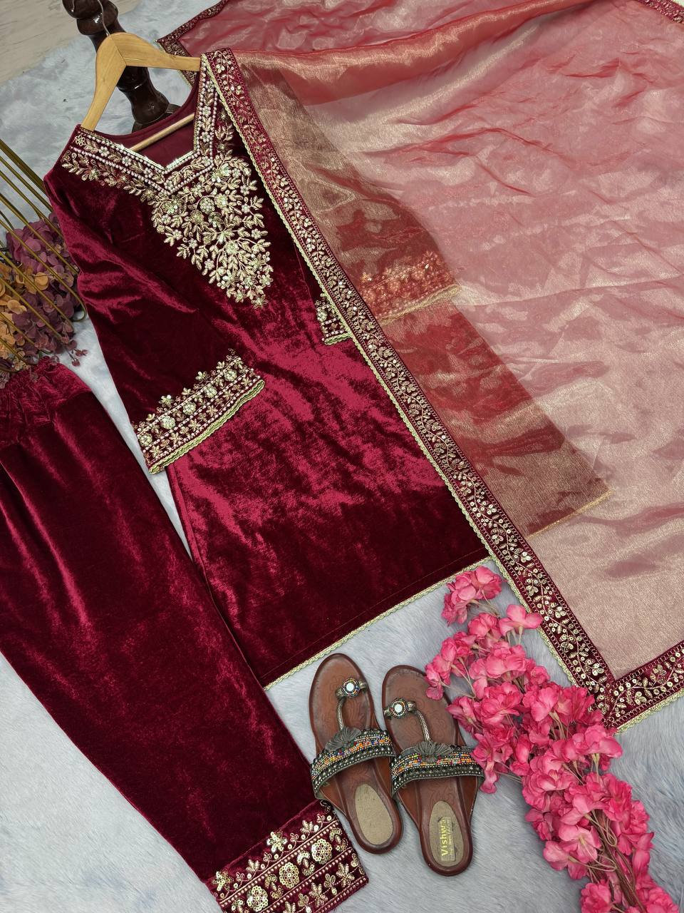 Stunning Velvet Embroidery With Moti Work Maroon Color Suit