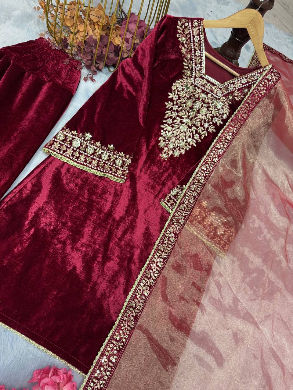 Stunning Velvet Embroidery With Moti Work Maroon Color Suit