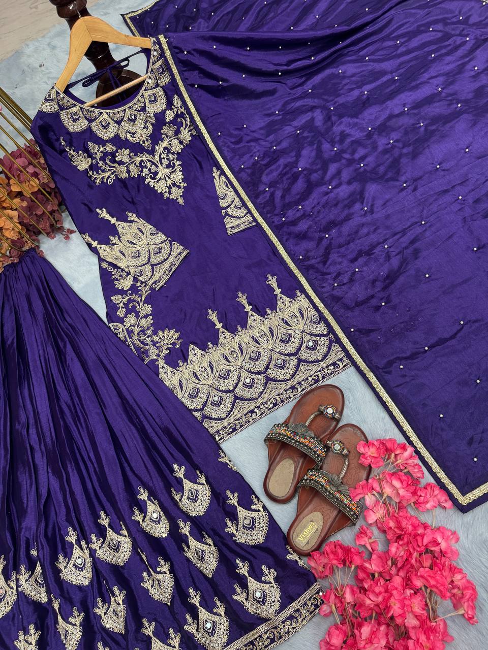 Ceremony Wear Chinon Silk Purple Color Palazzo Suit