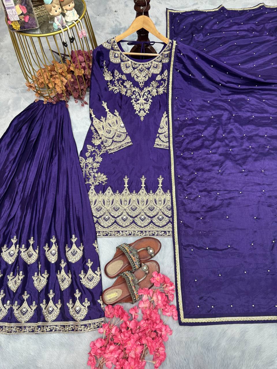 Ceremony Wear Chinon Silk Purple Color Palazzo Suit