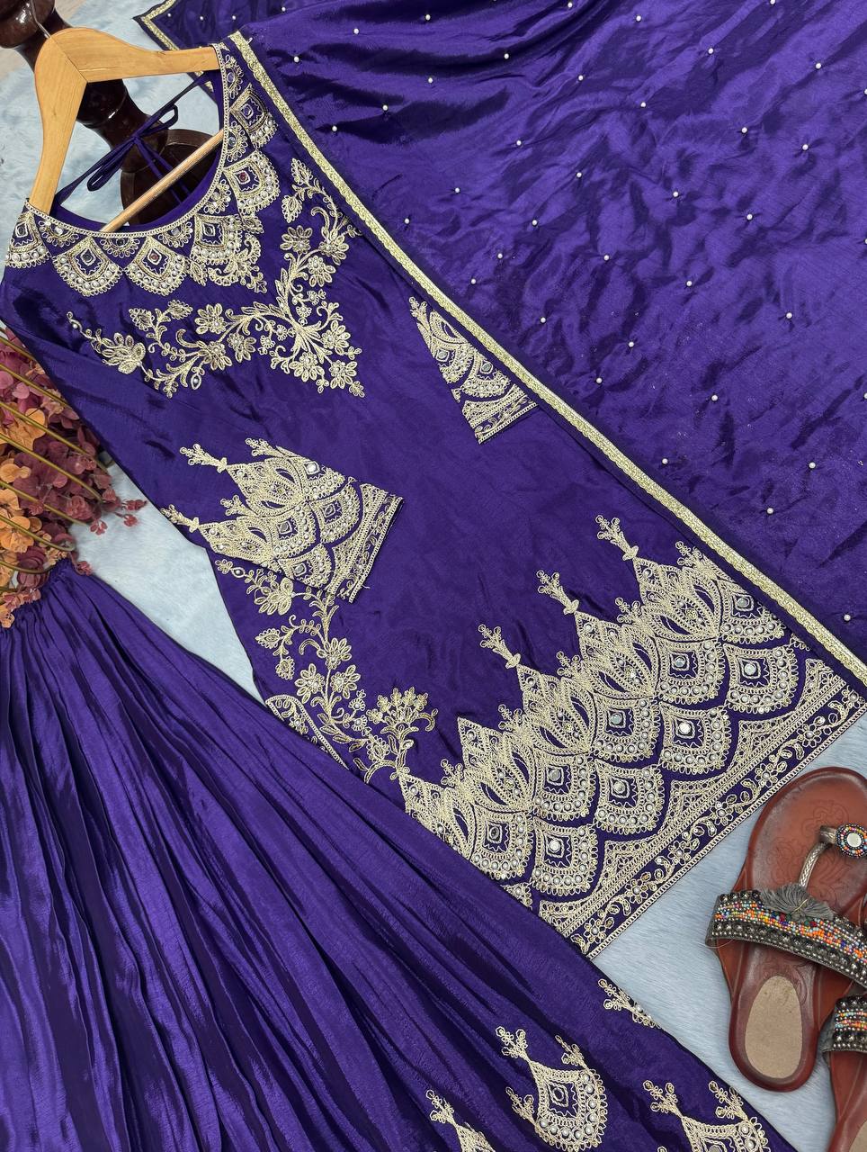 Ceremony Wear Chinon Silk Purple Color Palazzo Suit