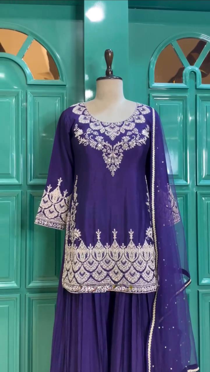 Ceremony Wear Chinon Silk Purple Color Palazzo Suit
