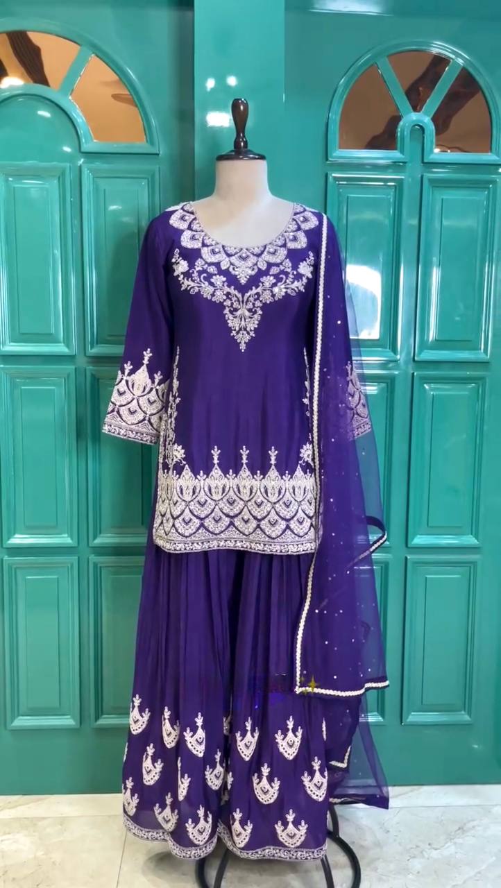 Ceremony Wear Chinon Silk Purple Color Palazzo Suit