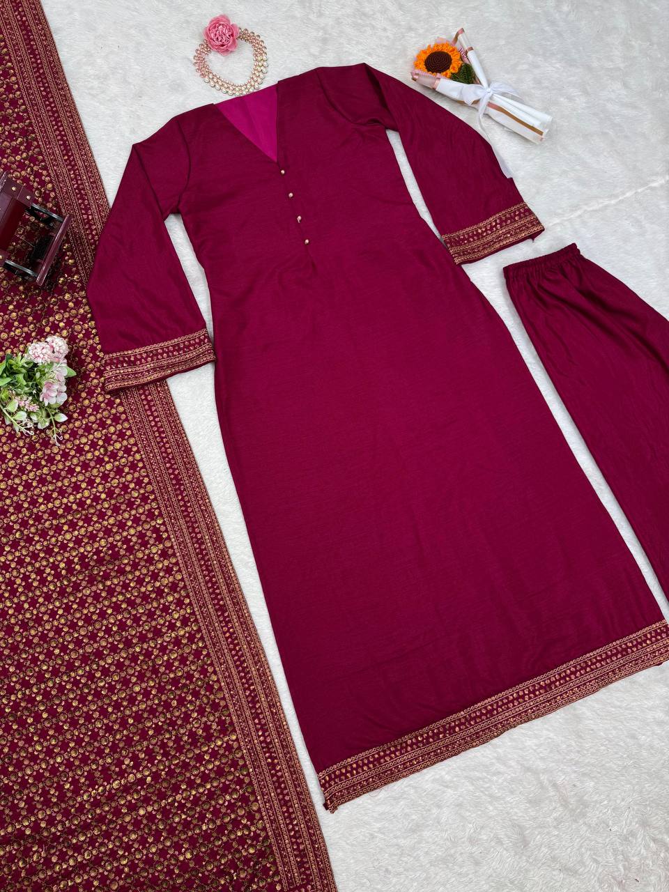 Decent Monsoon Silk Red Color Salwar Suit