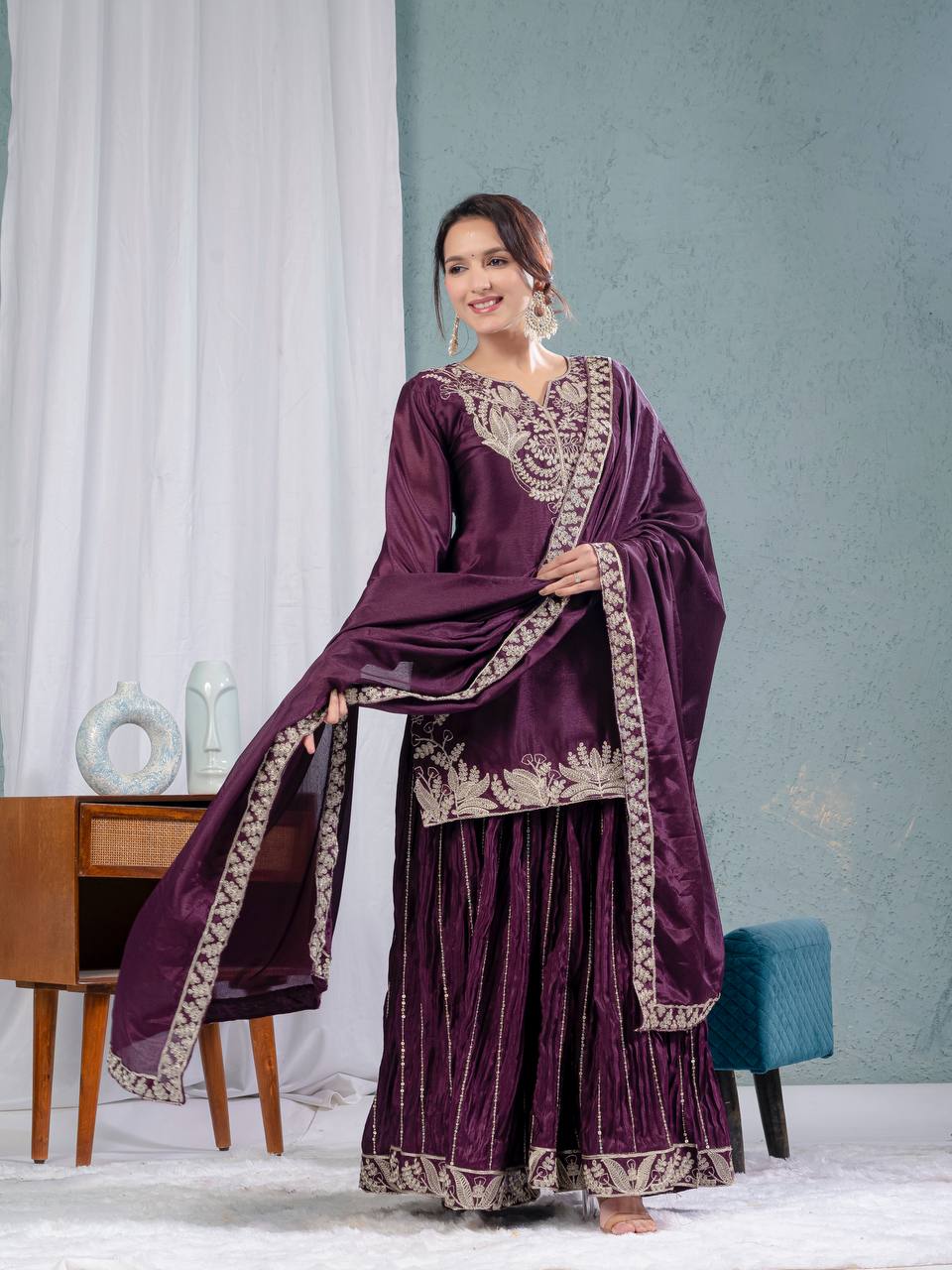 Glimmering Chinnon Silk Sequence Work Wine Color Sharara Suit