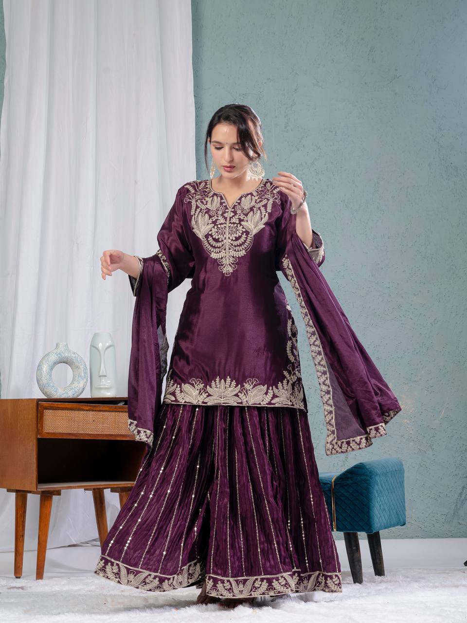 Glimmering Chinnon Silk Sequence Work Wine Color Sharara Suit