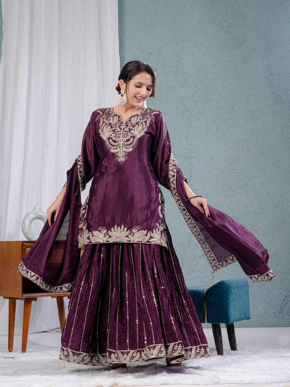 Glimmering Chinnon Silk Sequence Work Wine Color Sharara Suit