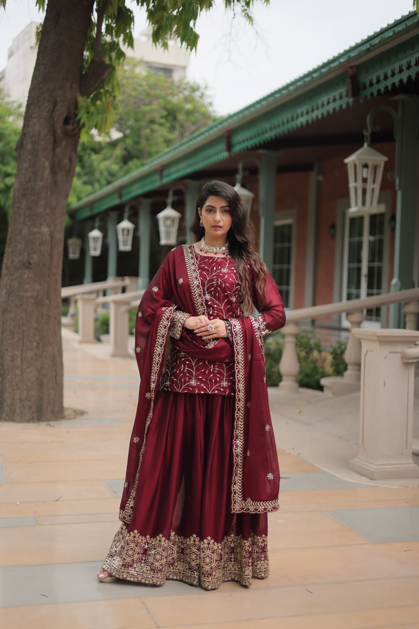 Opulent Rangoli Silk Maroon Color Palazzo Suit With Dupatta