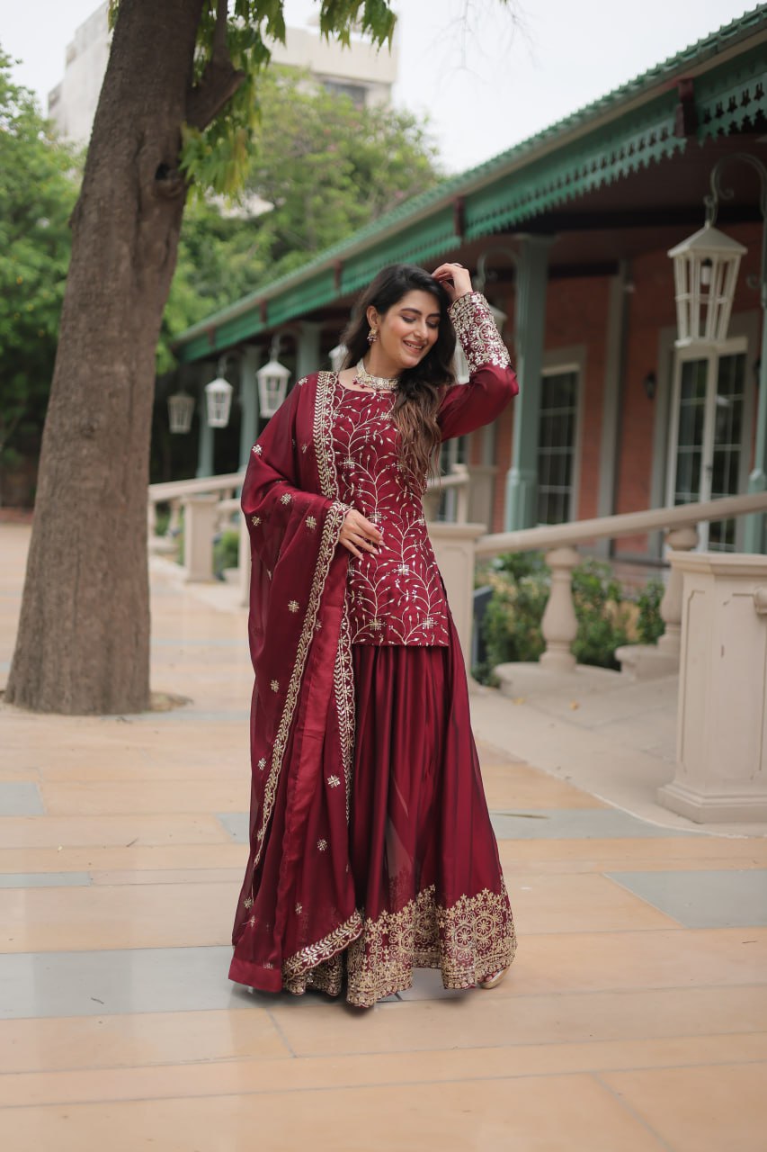 Opulent Rangoli Silk Maroon Color Palazzo Suit With Dupatta