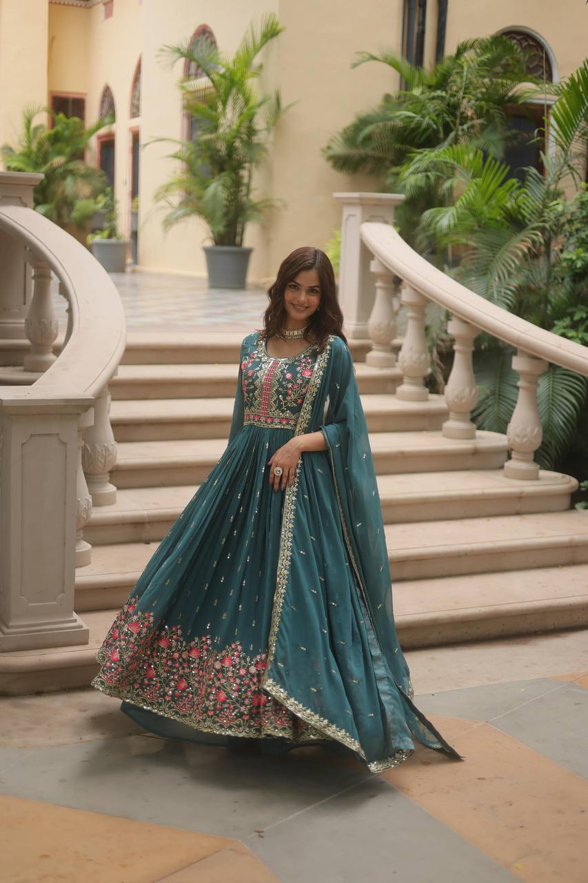 Wonderful Georgette Teal Blue Color Kurti With Sharara Suit