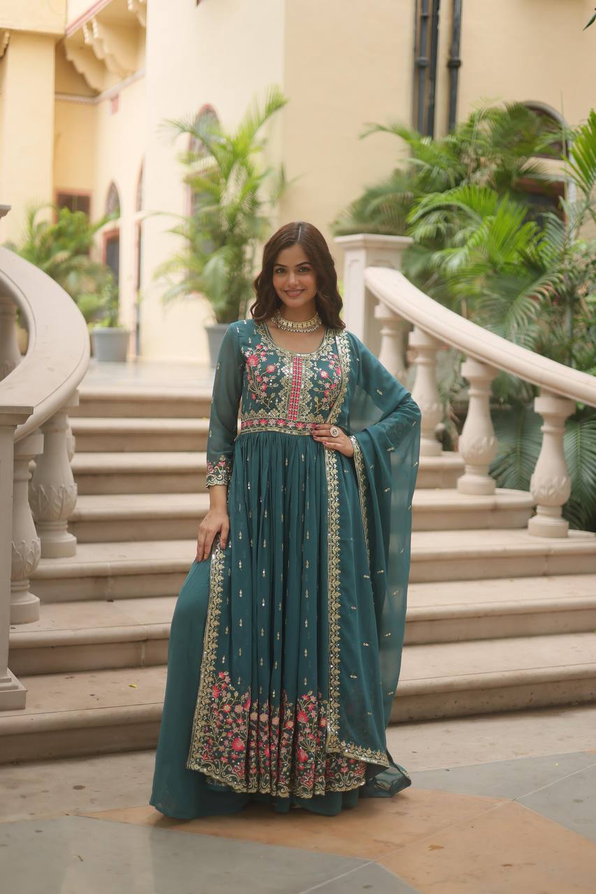 Wonderful Georgette Teal Blue Color Kurti With Sharara Suit