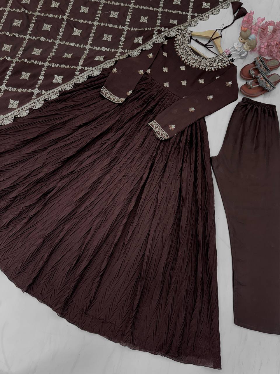 Festive Wear Chinon Silk Brown Color Gown